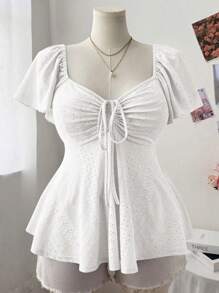 Ceyna Plus Size Women Square Collar, Cap Sleeve, Textured A-Line Casual & Elegant T-Shirt