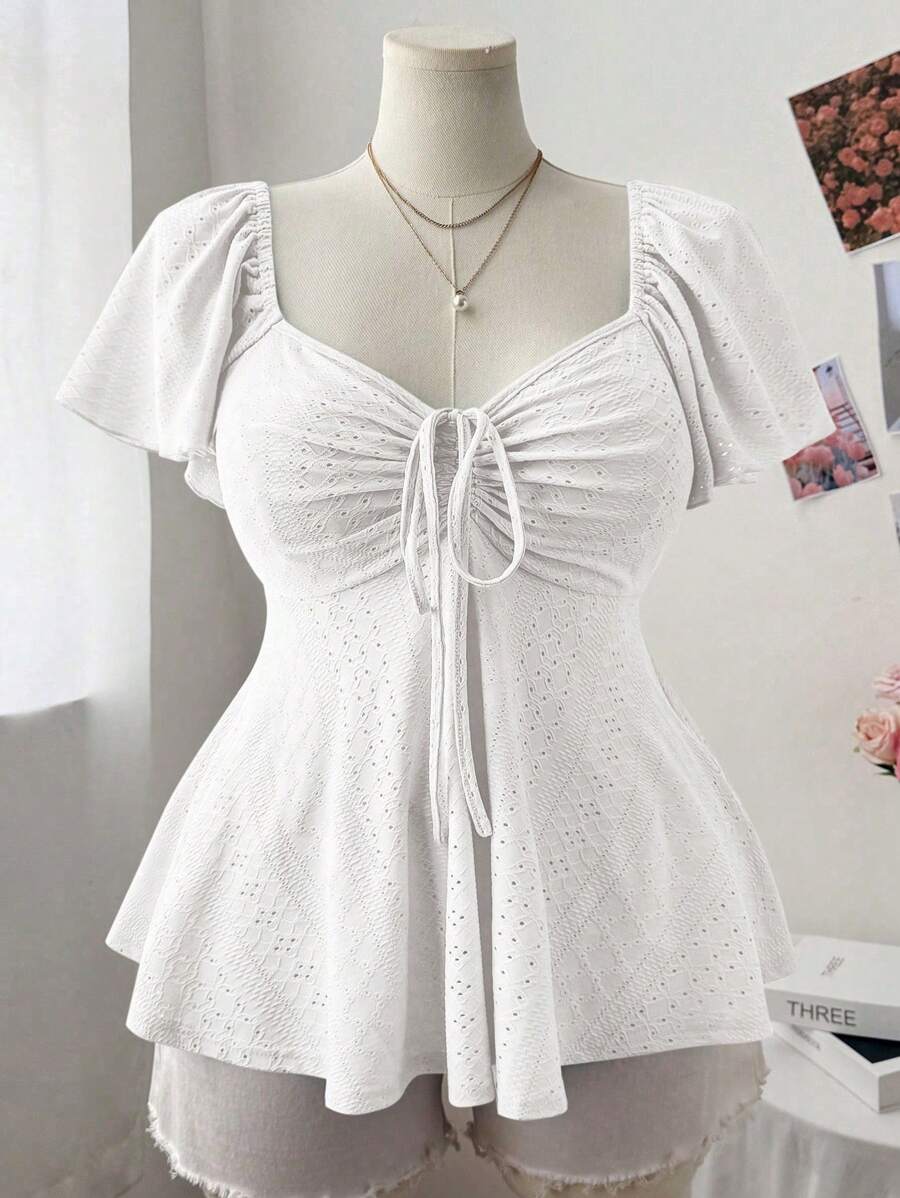 Ceyna Plus Size Women Square Collar, Cap Sleeve, Textured A-Line Casual & Elegant T-Shirt