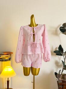 SHEIN EZwear Women Casual Cute Tie Front Long Sleeve Blouse, Suitable For Summer, Butterfly & Striped Print