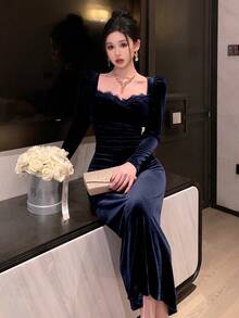 DAZY 女士纯色撞色蕾丝心形领长袖连衣裙，适合返校/正式场合穿着，休闲连衣裙，生日礼服，加大码女装，商务休闲装，加大码女式连衣裙，奢华连衣裙，女士长款连衣裙 - 藏蓝色 - 查看 3