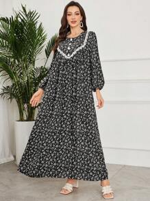 Lacomfia 女士优雅碎花宽松波西米亚风连衣裙 - 黑色 - 查看 7