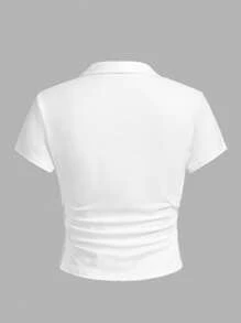 SHEIN Essnce 2pcs/Set Women's Collared Slim Fit Ruched Short Sleeve T-Shirt Suit, Suitable For Summer - Multicolor - View 6