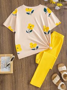 2 件 Tween 女童花卉印花短袖圆领 T 恤和纯色裤子，舒适休闲装 - 黃色 - 查看 2