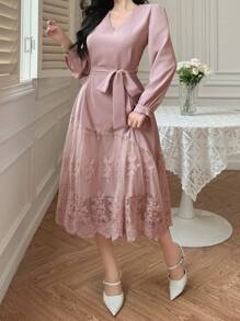 DAZY Váy midi cổ chữ V ren chắp vá thanh lịch, dành cho khách dự tiệc cưới, trang phục thanh lịch, váy dài tay mùa thu, váy dạ hội - Hồng - Xem 3