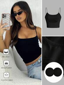 Tseoso Women's Casual Backless Crop Top With Tight Fitting And Round Neck Padded Built-In Bra Padding Chest Cup Chest Pad Removable Padding Chest Pad Non Removable Pad Ding Corset Top Bra Black Corset Top Corset Top Solid Color Pleated Padded Cami Top - Black - View 8