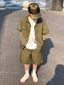 SHEIN Tween Boy 2pcs Set Fashion Casual Y2k Cargo Pocket Design Olive Green Collared Shirt & Shorts For Older Boys Denim Suit For Boy Soft Dailywear And Kids Summer Clothes