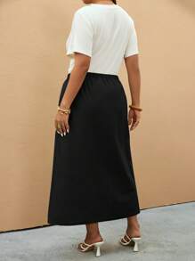 Elaquor Falda casual con envoltorio y lazo en unicolor para mujer talla grande - Negro - Ver 4