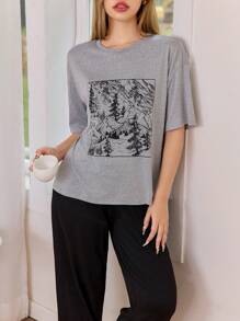 SHEIN Personalized Printed Grey Loose Round Neck Short Sleeve T-Shirt And Black Straight Leg Pants 2pcs Set - Grey - View 3