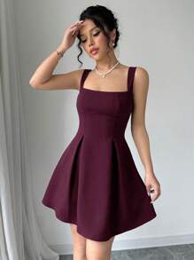 Elenzga Women's Casual Summer Holiday Plain Low-Cut Waist Cinched Dress Mini Short Women Outfit - Redwood - View 3