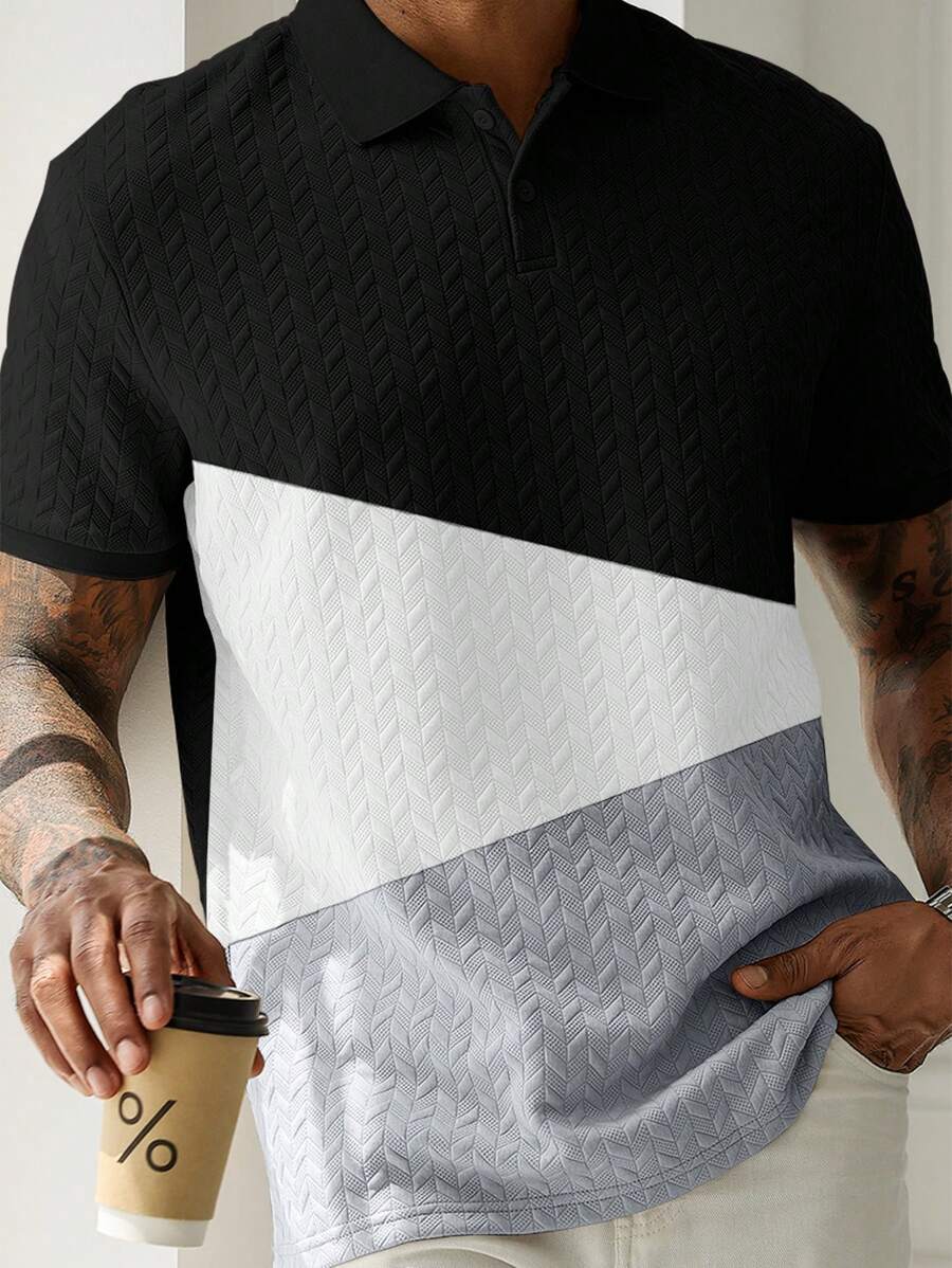 Manfinity Homme 男式拼色纹理面料休闲 POLO 衫 - 彩色 - 查看 1