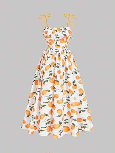SHEIN MOD Plus Size Suspender Contrast Tied Fruit Print Pattern Sun Dress,Brunch Outfits For Women