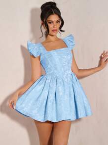 SHEIN BAE Solid Color Square Neck Halter Back Square Neck Pleated Mini Dress Halter Back Dress Pink Women's Bubble Sleeveless Dress Palace Style Holiday Dress Summer Back Big Bow Decoration Ruffle Dress,Summer Dresses For Women - Baby Blue - View 4