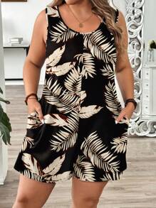 EMERY ROSE Mother's Day Casual Leaf Print Loose Plus Size Jumpsuit, Suitable For Spring/Summer - Multicolor - View 8