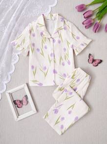 年轻女孩简约碎花短袖上衣和裤子 2 件套睡衣套装