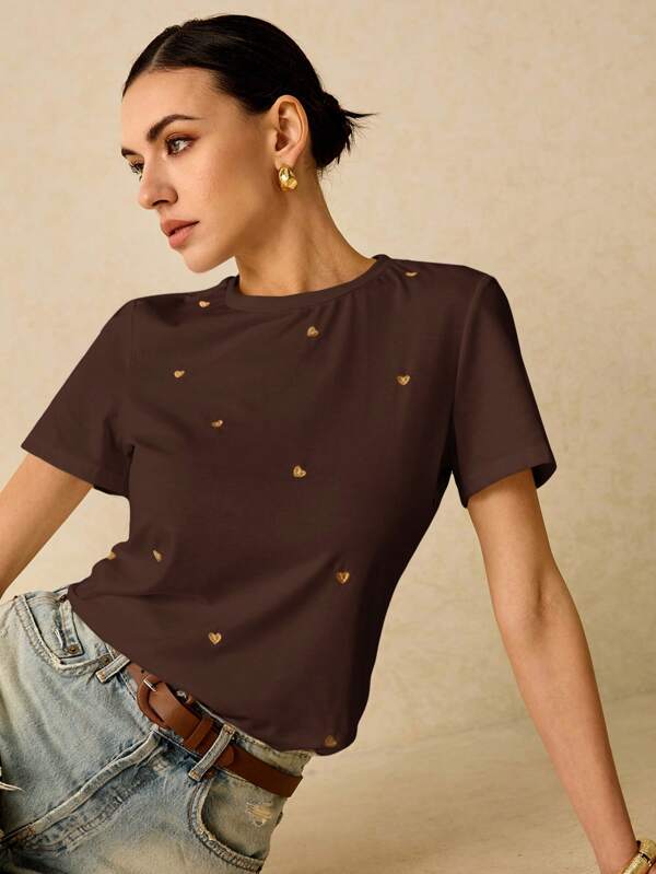 Poéselle Camiseta de manga corta de uso diario casual para mujer con bordado de hilo dorado y estampado de corazón, camiseta de verano de algodón para fiesta del té con bordado, blusa de verano