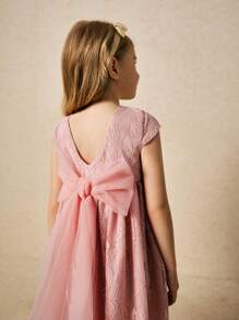 SHEIN Leap Crew Young Girls' Elegant Pink Lace Oversized Bow Decor Party Dress, Spring/Summer - Pink - View 3