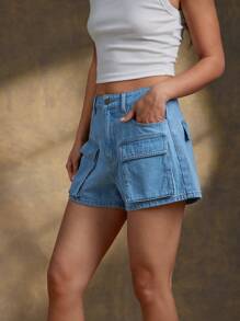 WESTFADE High Rise Utility Cargo Pocket Fitted Denim Jean Western Shorts Spring Summer Vacation - Light Wash - View 5