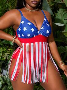 Slaydiva Plus Size 4th Of July American USA Flag Tassel Decor Swimdress For Summer Beach Vacation - Multicolor - View 3