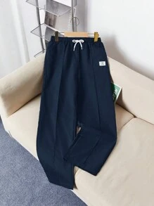 SHEIN Pantalones casuales con cordón en la cintura y bolsillo con diseño de letras para niños preadolescentes, adecuados para uso diario y tiempo libre - Azul Marino - Ver 6
