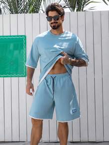 DAZY Summer Men Blue Splice T-Shirt Set - Blue - View 4
