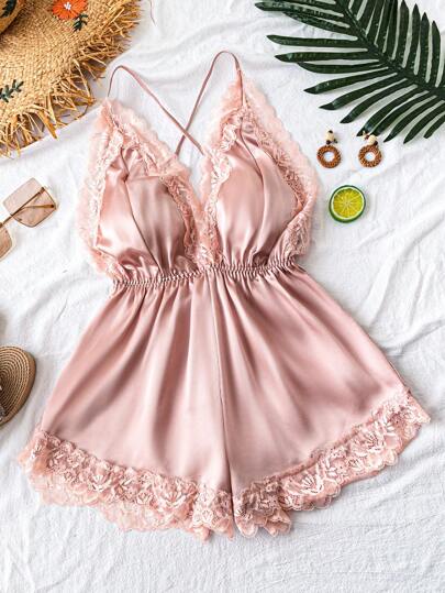 SilkySpell Mono con shorts de mujer de unicolor con contraste de encaje