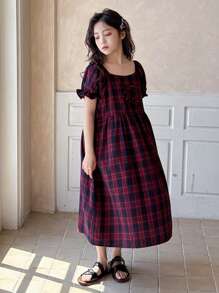 Dazy Kids Tween Girls Plaid Bow Accent Short Puff Sleeve Dress Sleepwear - Red - View 3