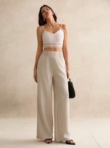SHEIN Tall Quần ống rộng đi nghỉ hè thoải mái có cạp chun - Màu Khaki - Xem 4