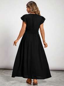 Freevana 大码 V 领纯色短袖连衣裙，夏季时尚 - 黑色 - 查看 2