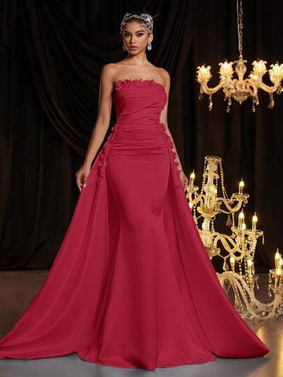 Glamrae Elegant & Chic Satin 3D Floral Design Ruffle Detachable Strapless Maxi Dress, Suitable For Weddings, Events, Parties, Honeymoon, Bridal, Bride