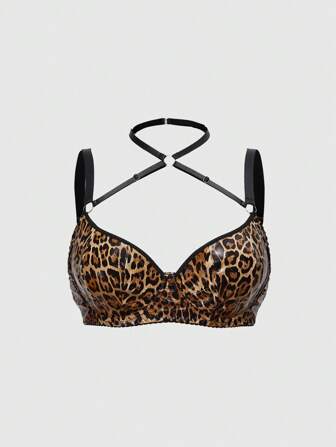 Grunge Punk Reggiseno con decoro animalier e rivestimento lucido, stile avanguardistico per feste, festival di musica, punk rock, con ferretto interno, di taglia comoda