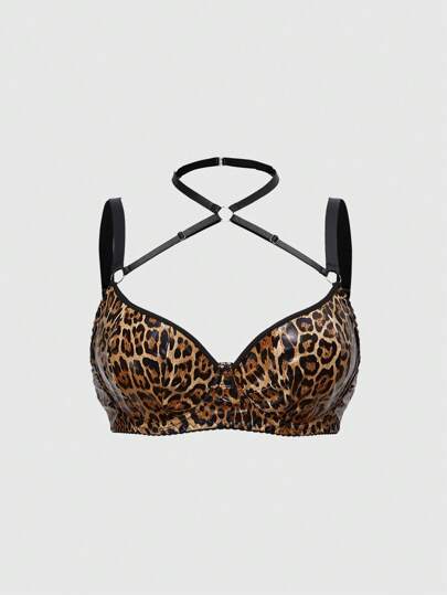 Grunge Punk Plus Size Avant-Garde Party Music Festival Punk Rock Animal Leopard Print Coated Halter Bra With Inner Underwire