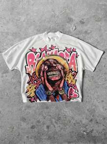Manfinity Streetrush Camiseta holgada y suelta de cuello alto con mangas estilo murciélago y estampado de retrato de estilo pintado a mano, camiseta con retrato pintado a mano, artículo popular