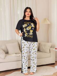 Dream Adore Cute Cartoon Tiger Print Round Neck Short Sleeve Pajama Set, Plus Size - Multicolor - View 3