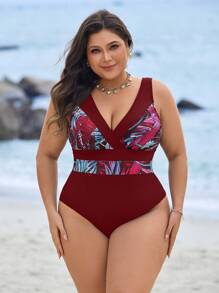 Swim Lushoire 加大码连体泳衣，带度假印花和撞色图案 - 酒紅色 - 查看 6