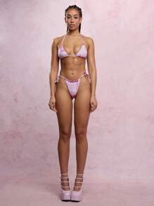 SUMWON WOMEN Newspaper Print Triangle Bikini Set Beach Swim Two-Piece Retro Print Swimsuit Resort Pool Beachwear Halter String Side-Tie Ruched Bottom Summer Vacation - Pink - View 6