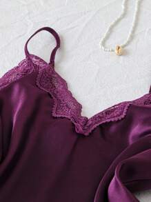 SilkySpell 4pcs Lace Patchwork Faux Silk Camisole, Shorts, Pants & Robe Set