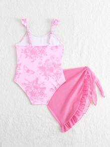 1pc Young Girl Floral Print Ruffle Skirt One-Piece Swimsuit - Multicolor - View 2