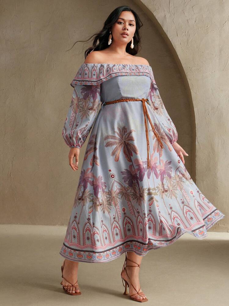 Ladies' Plus Size Spring/Summer One Shoulder Long Sleeved Waist Cinched Vacation Floral Coconut Tree Plus Size Dress With Belt Decoration