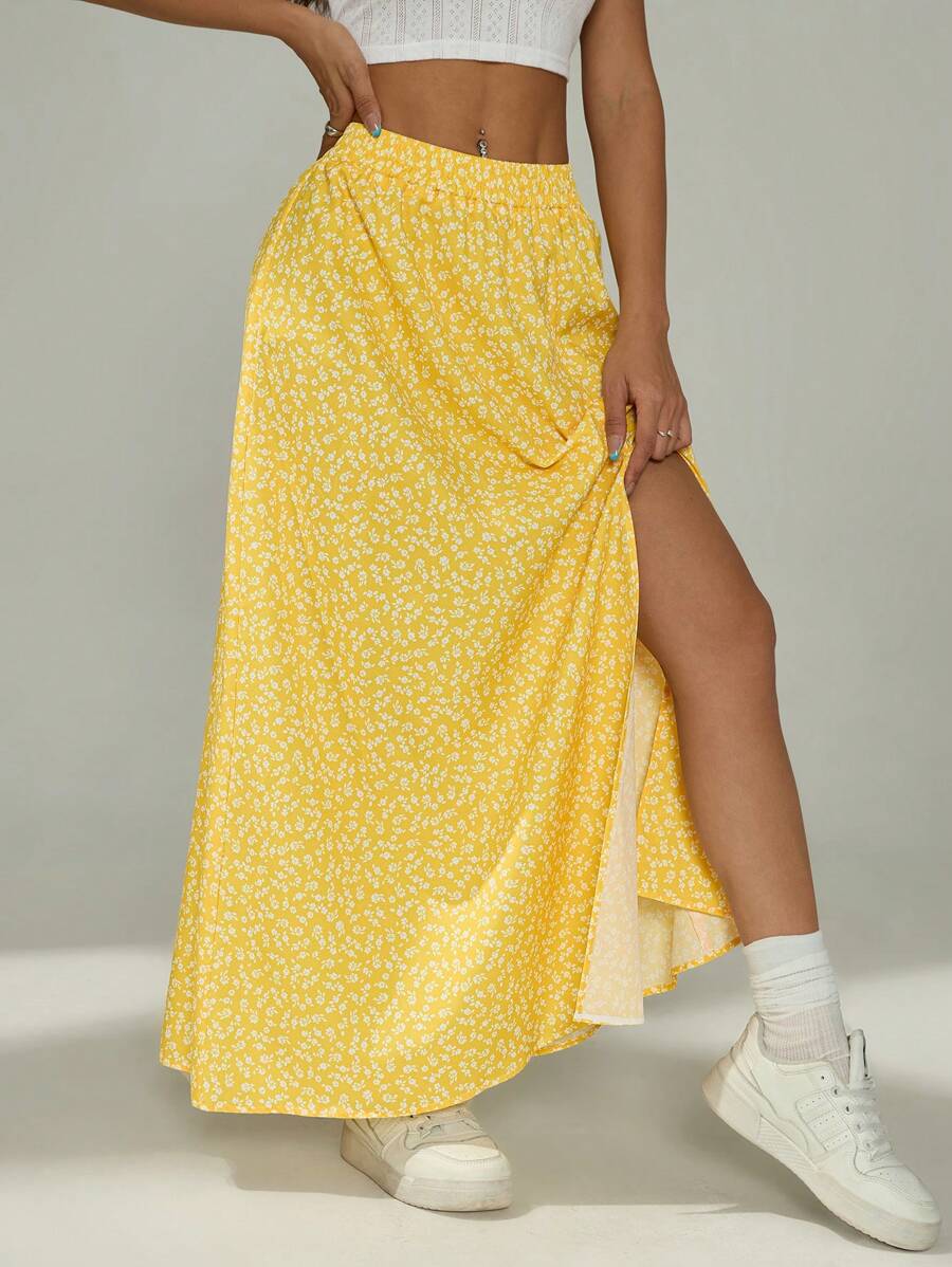 SHEIN PETITE Ditsy Floral Print Split Thigh Summer Women Skirt,Butter Yellow