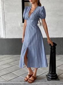 Serisse Light Blue Dress Women Summer Striped Long Dress, Short Sleeve, Fashionable - Blue - View 6