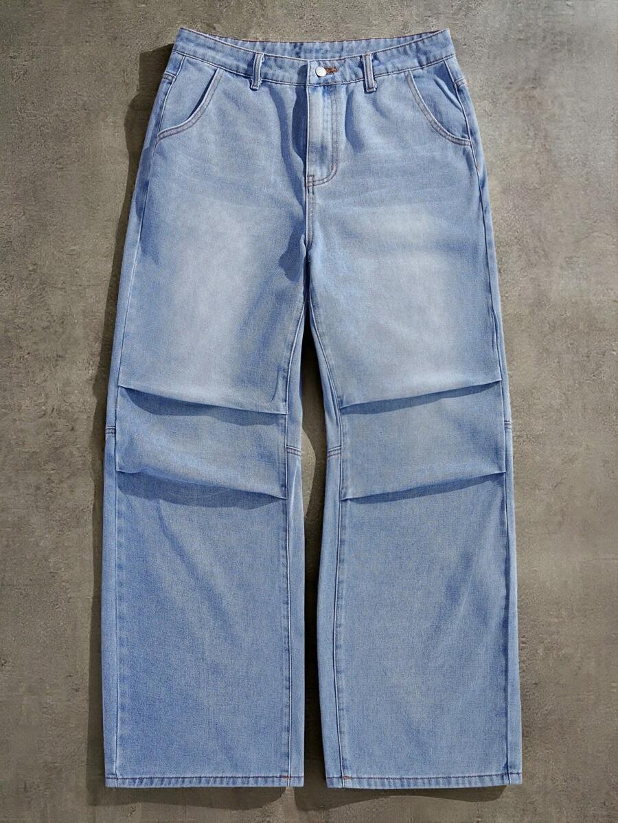 Forever 21 Relaxed Fit, Light Blue Washed Straight Jeans With Slant Front Pockets And Patch Pockets At The Back; Gathered Front Legs And Structured Back Legs - Light Wash - View 1