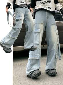 SHEIN Retro Vintage Blue Denim Loose Cargo Pants For Teenage Boys