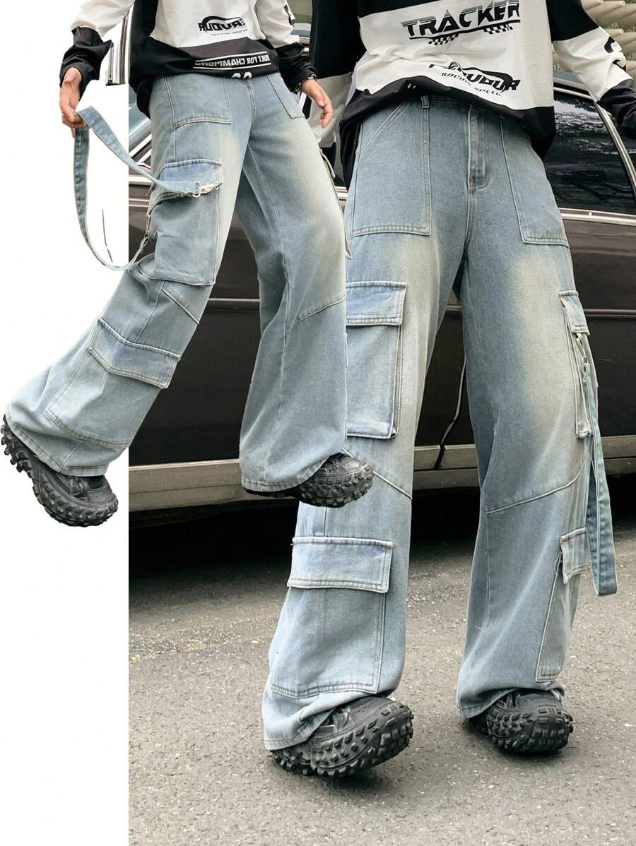 SHEIN Retro Vintage Blue Denim Loose Cargo Pants For Teenage Boys