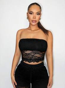 BamGleam Top ajustado de estilo corsé con parches de encaje floral para mujer