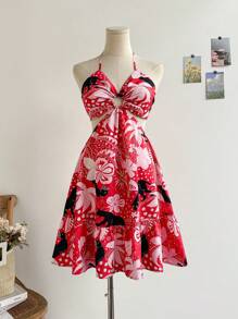SHEIN WYWH Đầm mini không tay viền bèo nhún thắt nơ hở eo họa tiết da báo và cây cọ dành cho nữ, đi nghỉ, trà chiều, bãi biển, bên bờ biển - Nhiều màu - Xem 4