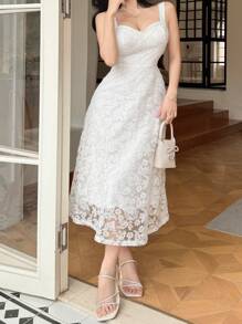 DAZY 女式长款蕾丝方领无袖吊带裙，荷叶边 - 米色 - 查看 5