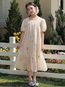 DAZY 少女碎花方领短袖连衣裙，夏季返校季度假装 - 白色 - 查看 4