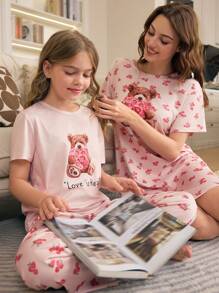 SHEIN 2pcs/Set Girls Cute Cartoon Bear & Rose Floral Print Outfit, Pink Round Neck Short Sleeve Top & Casual Long Pants, Suits For Girls & Mommy-And-Me, Spring/Summer