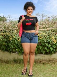 SHEIN EZwear Plus Size Cherry Print Asymmetrical Neck Casual Summer T-Shirt Top - Black - View 5