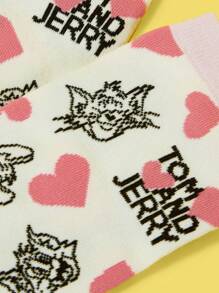 TOM & JERRY X SHEIN 1 Pair Women's Cute Cartoon Heart & Cat Pattern Ankle Socks - Multicolor - View 4